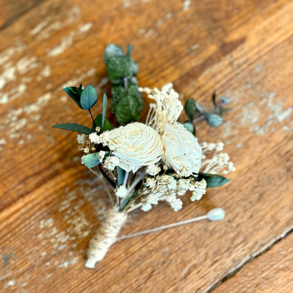 Ivory White & Green Eucalyptus Boutonniere