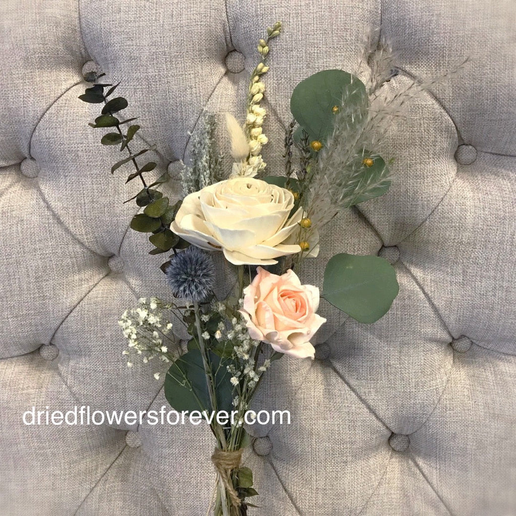 Pale Peach & Blue Gray Bud Vase Bouquet - Dried Flowers