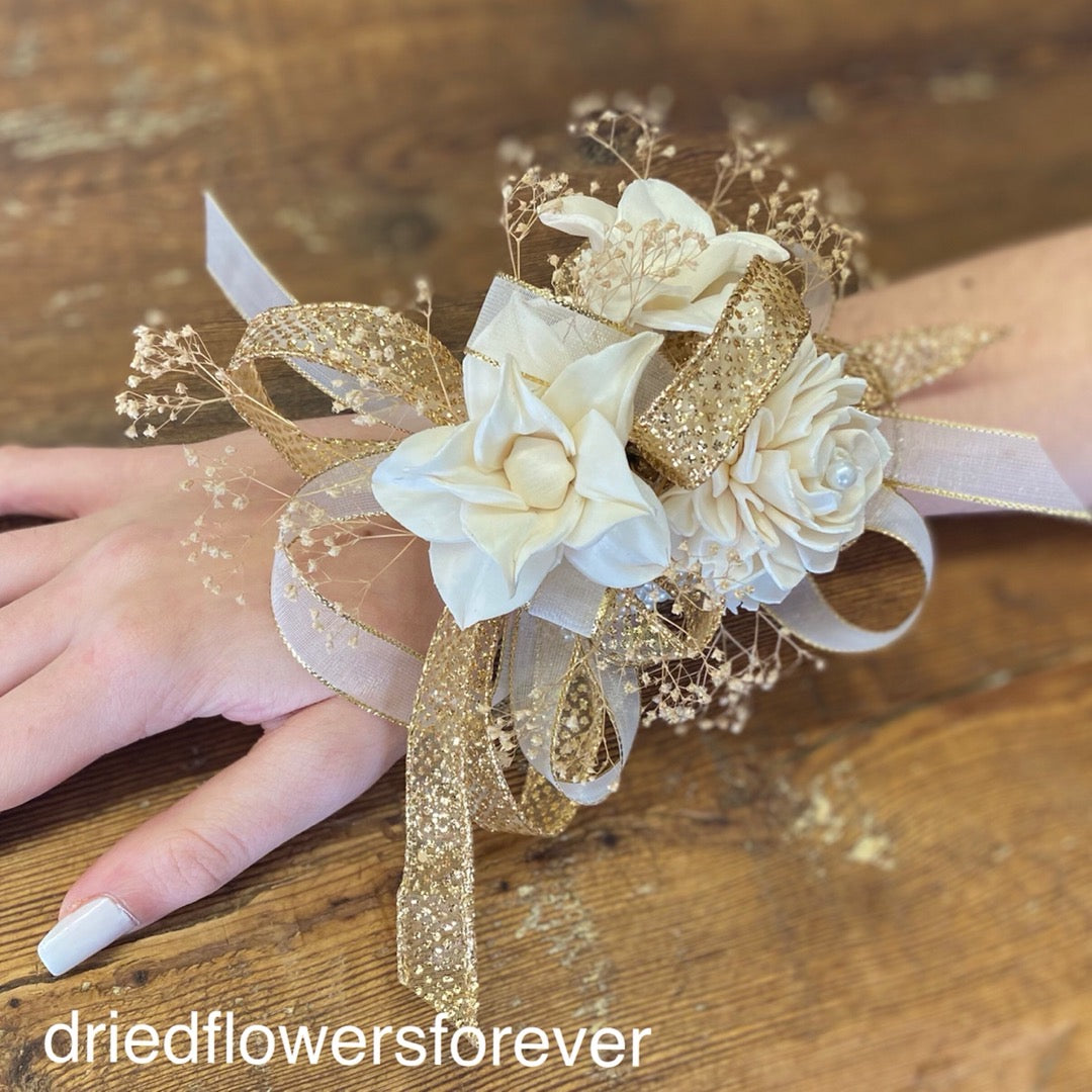 Ivory White & Gold Prom Corsage