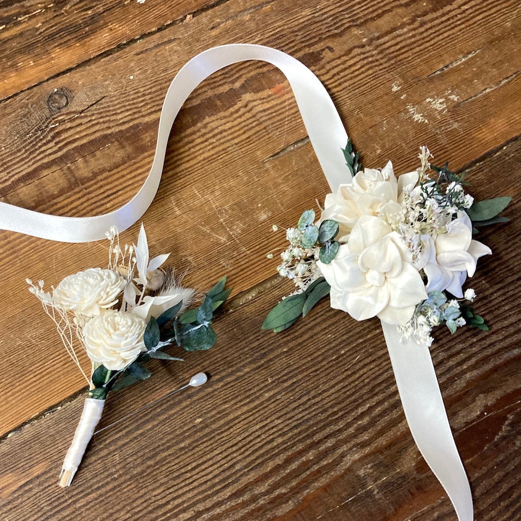 Ivory White & Green Corsage