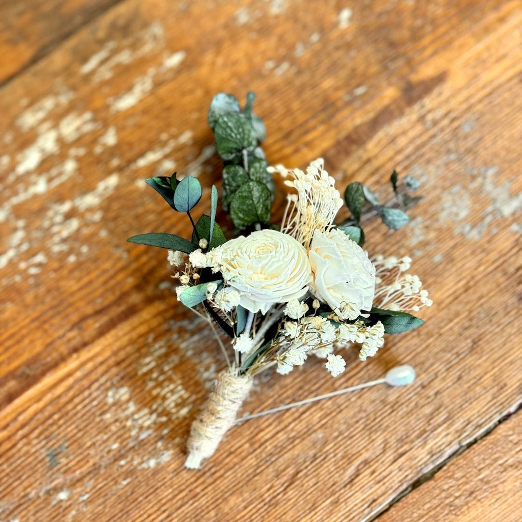 Ivory White & Green Eucalyptus Boutonniere