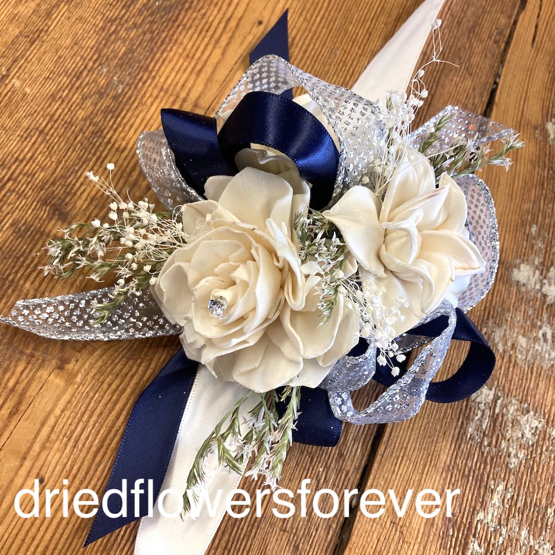 Navy Blue & Silver Prom Corsage